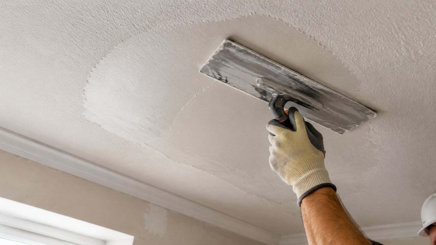 A professional construction worker uses a plastering trowel to apply a smooth finish to a ceiling surface.