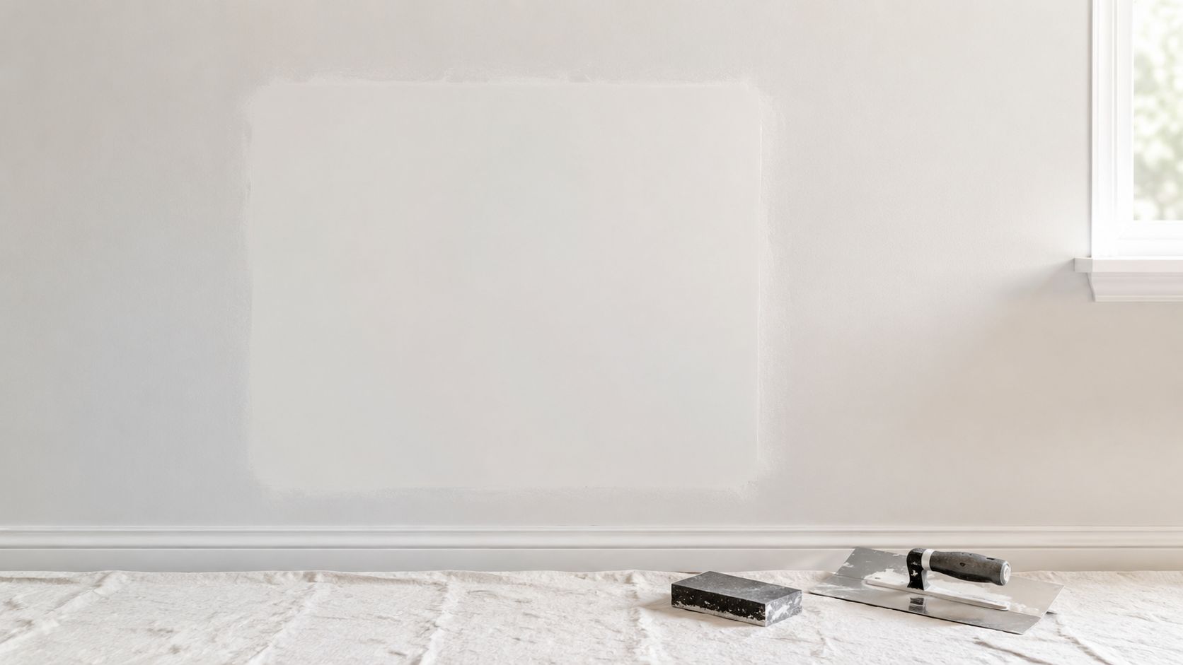 Drywall patch on a white wall with sanding block and drywall trowel placed on a drop cloth.