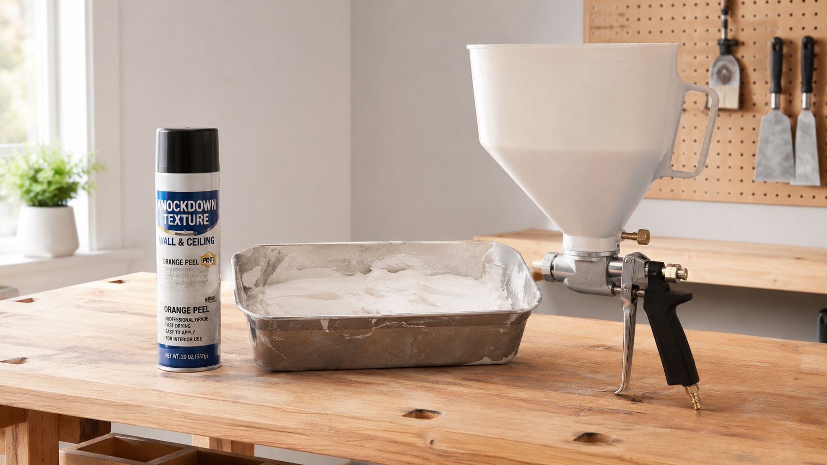 Aerosol can of knockdown texture, metal mud pan, and a textured wall spray gun on a wooden table.