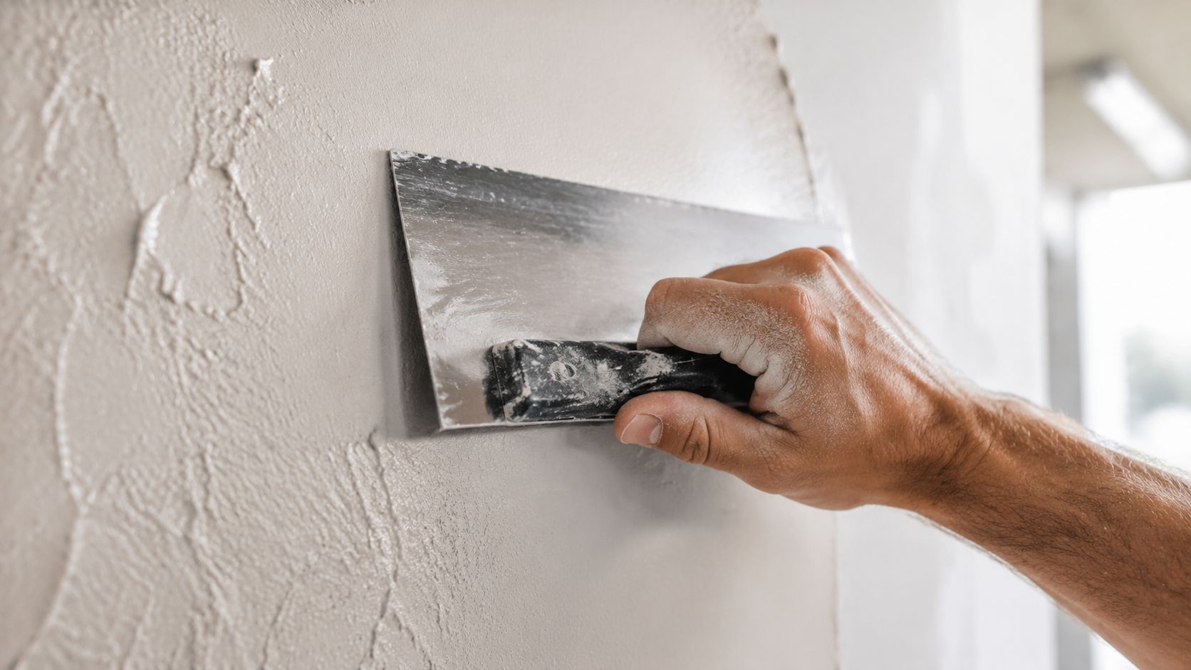 A close-up view of a person using a flat steel trowel to apply drywall joint compound.
