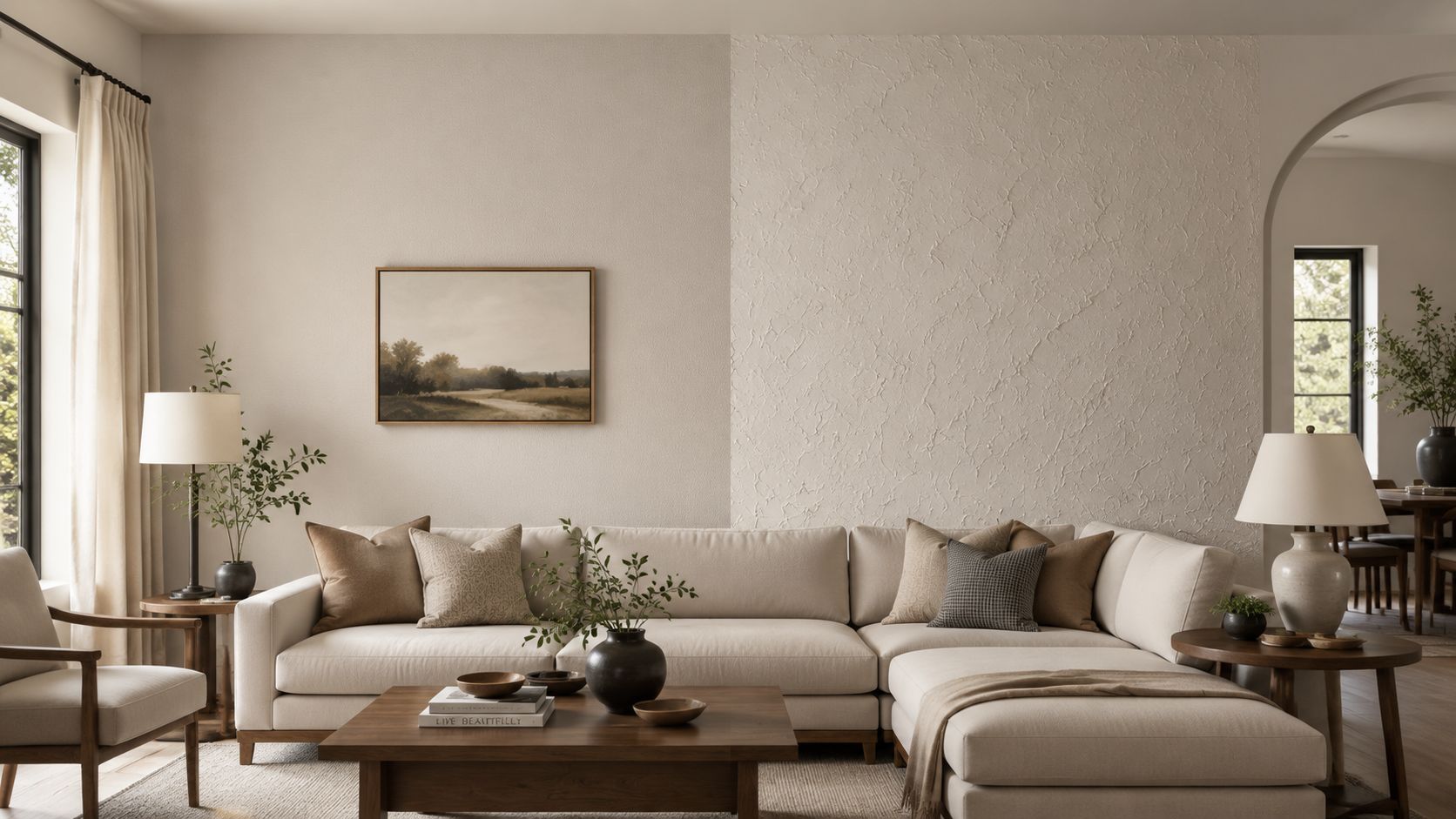 A neutral-toned living room featuring a mix of smooth and textured walls behind a modern beige sofa.