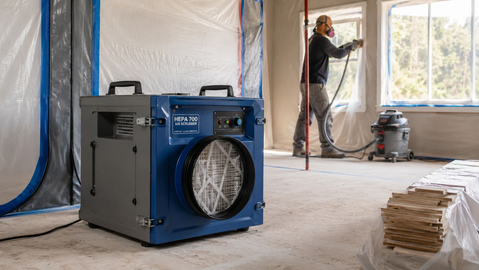 A professional construction site featuring a HEPA air scrubber in the foreground and a worker cleaning.