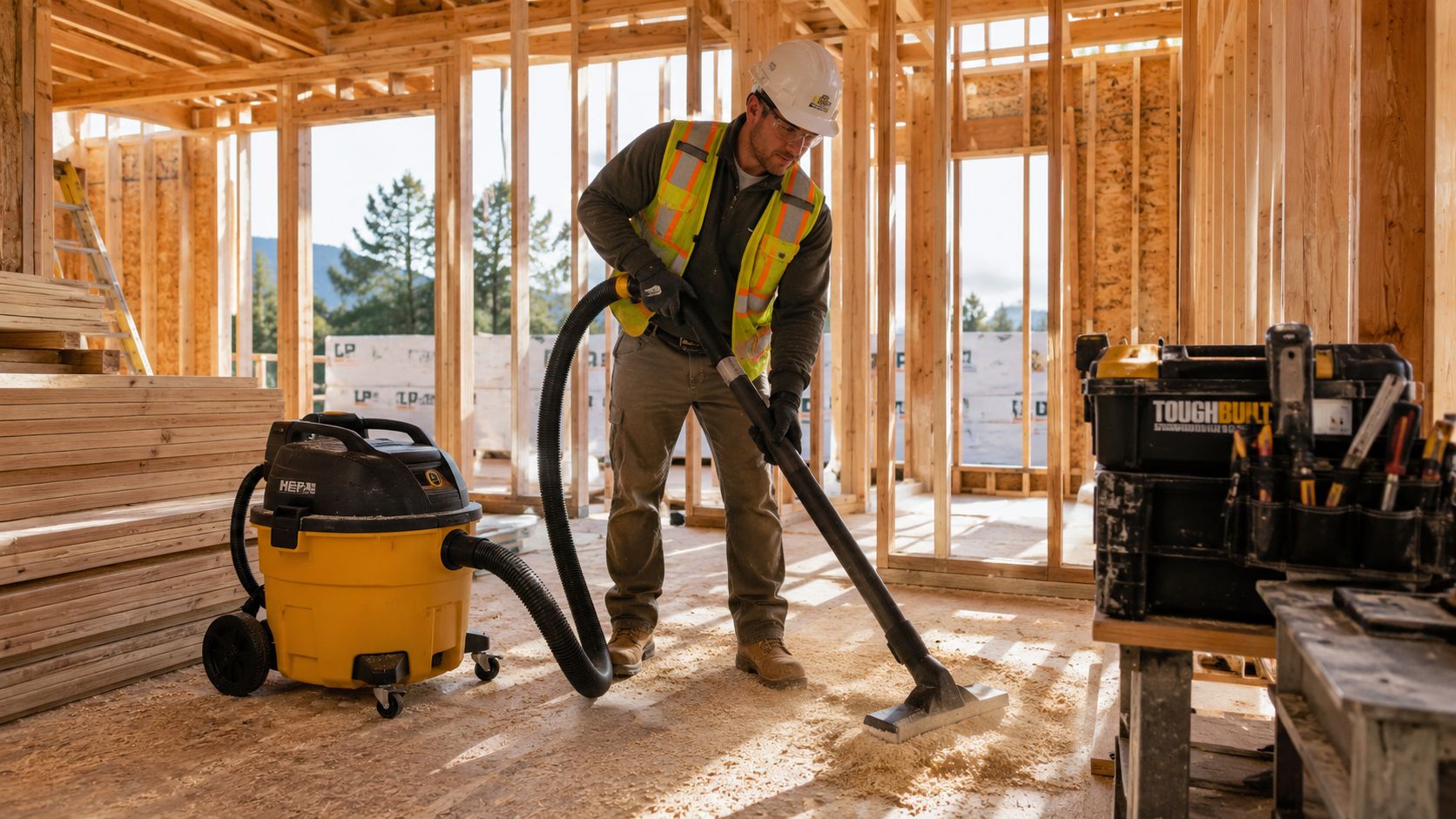 A construction worker in safety gear vacuums sawdust off the floor of a wooden framed house.