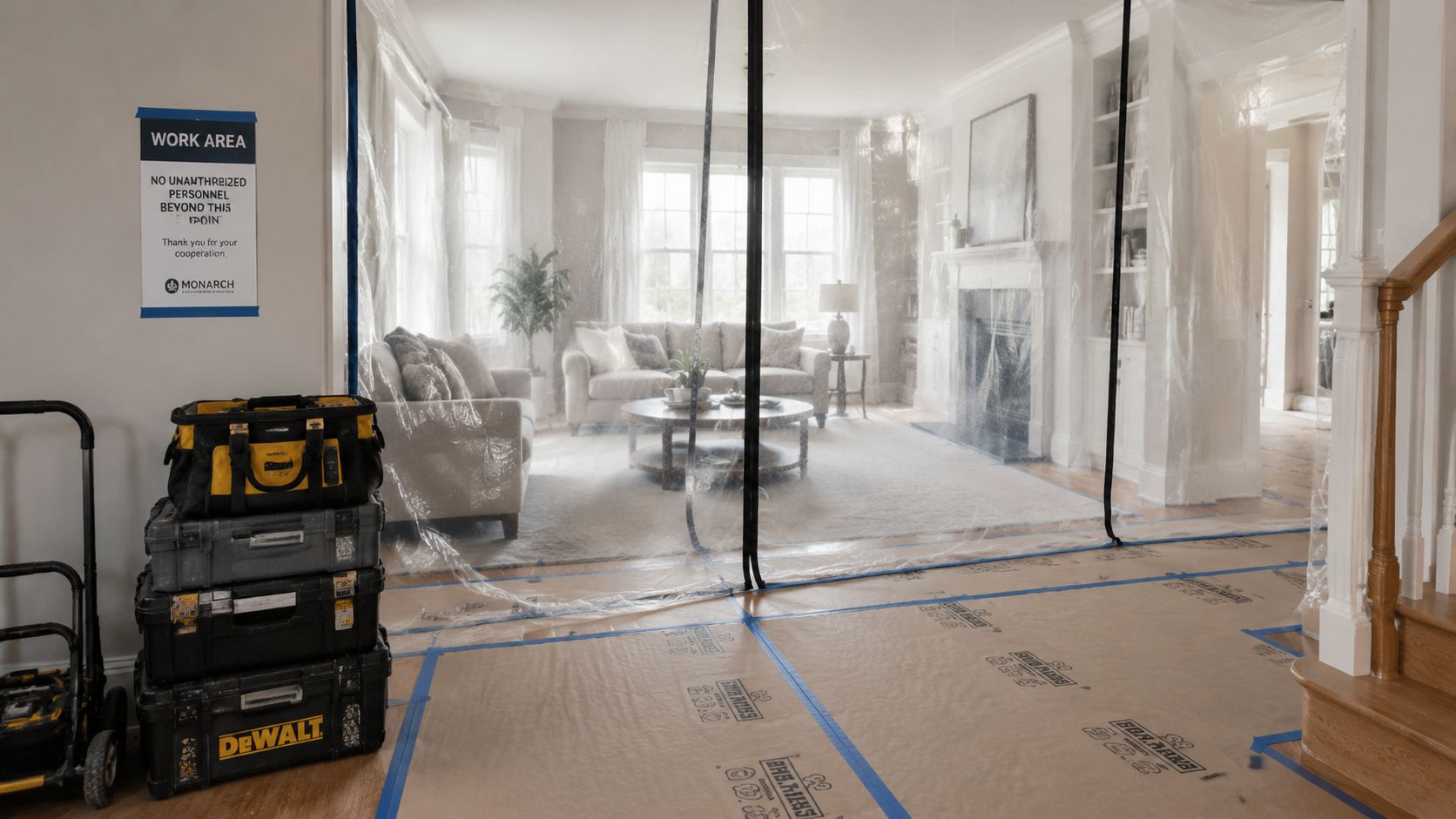 A professional construction area protected with plastic sheeting and floor paper inside a residential home.