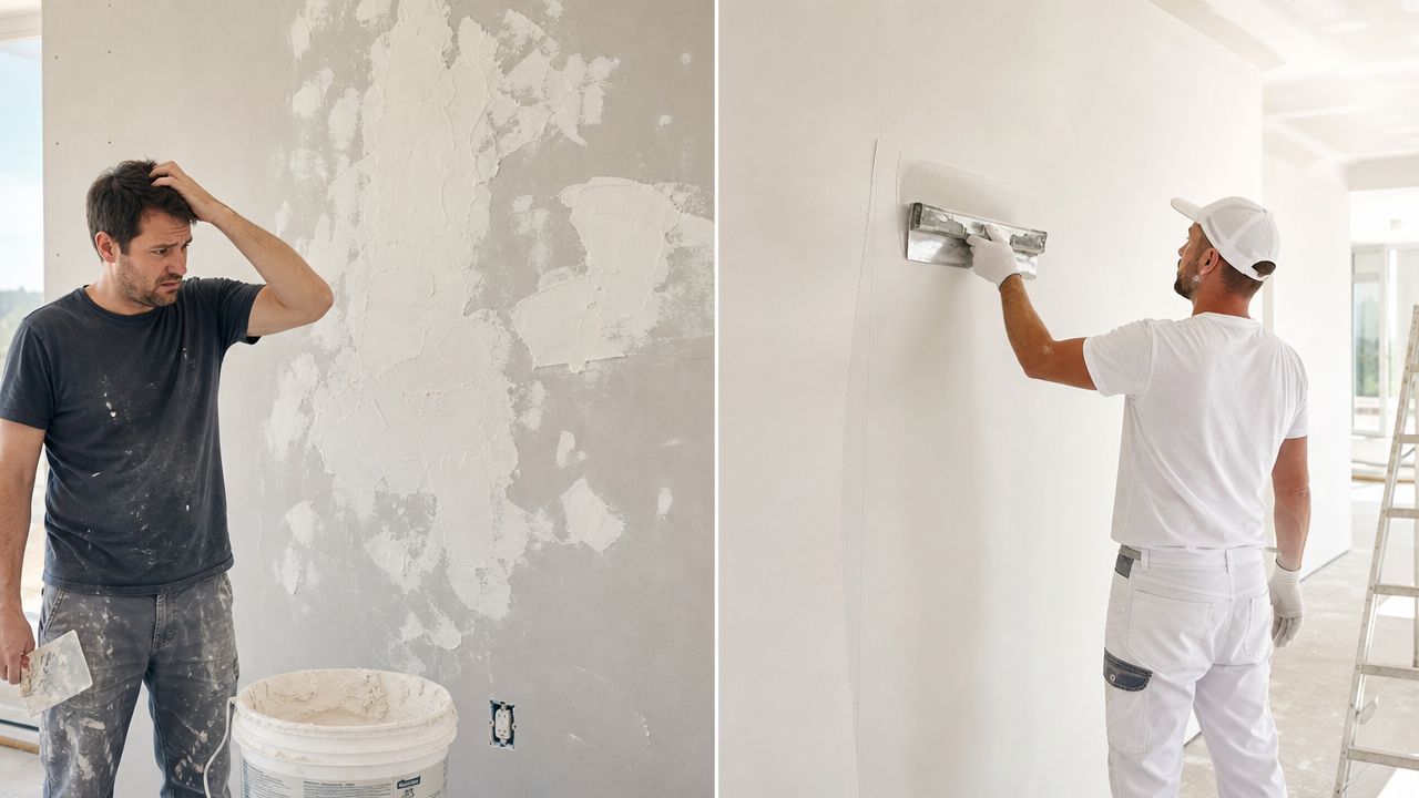 A comparison showing a frustrated DIY homeowner versus a professional contractor performing a quality drywall finish.
