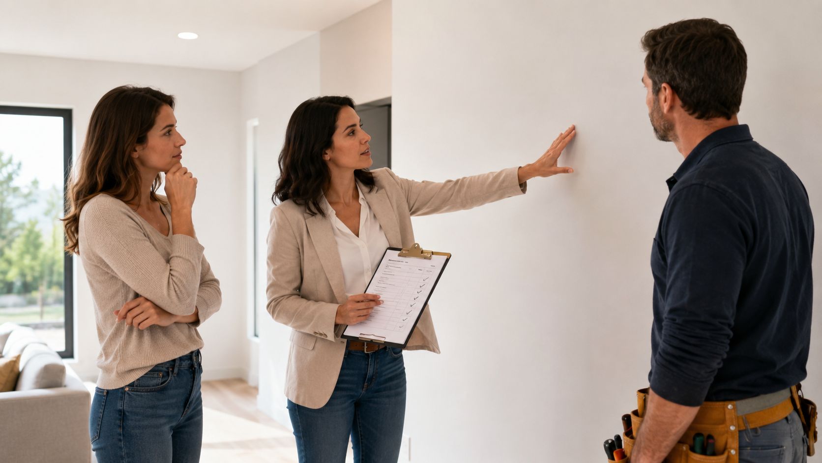 A woman in a beige blazer points to a wall while inspecting home renovation with a contractor.