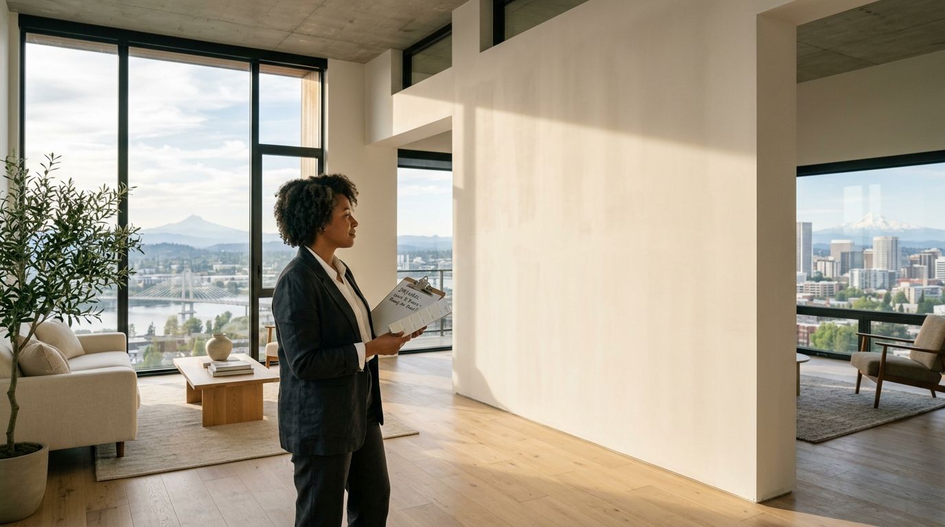 A professional real estate agent holds a clipboard while evaluating a modern apartment with smooth drywall walls.