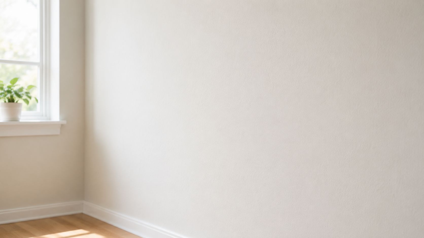 A minimalist room corner featuring a plain off-white wall, a window, and a small potted houseplant.