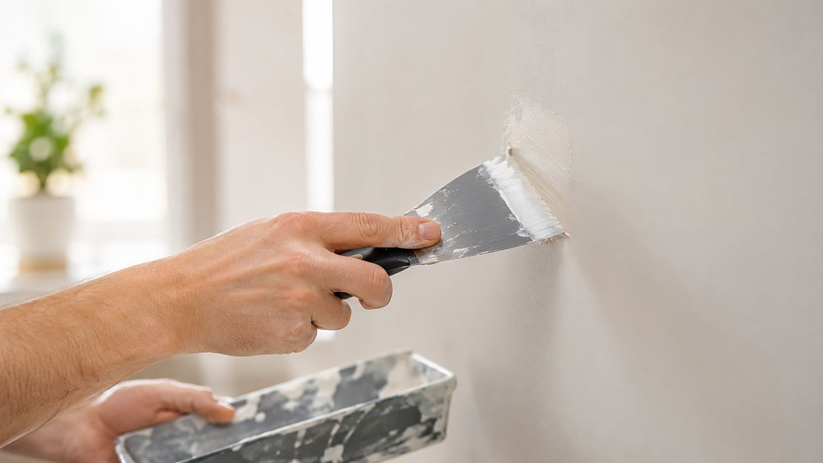 A close-up view of a person using a putty knife to repair a wall hole with spackle.