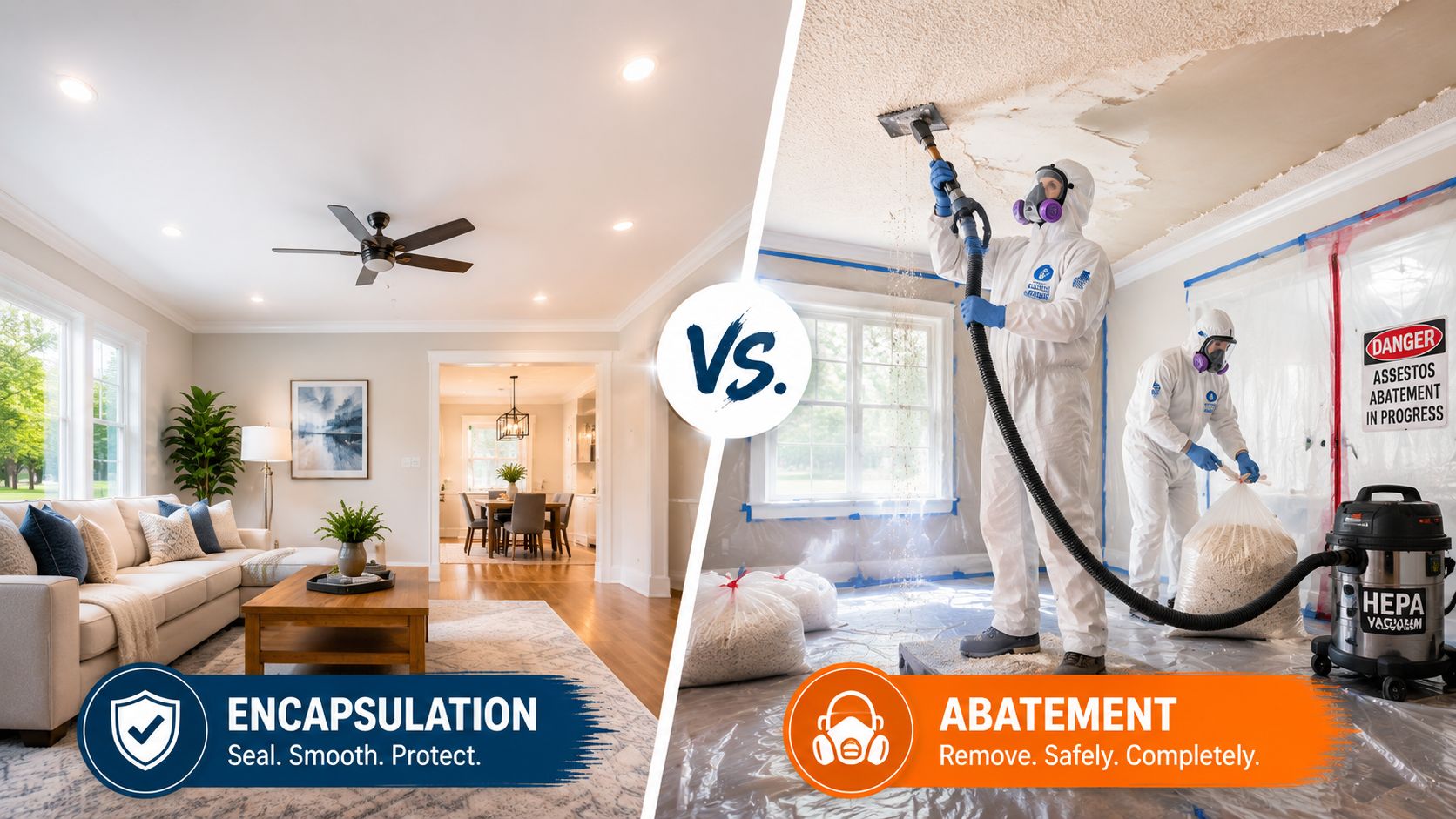 A split-screen comparison showing a clean living room with encapsulated popcorn ceiling versus professionals performing asbestos abatement.