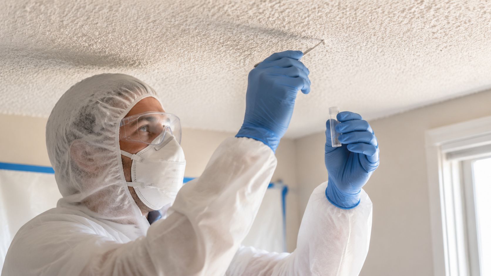 A professional inspector in a protective suit taking a popcorn ceiling sample for asbestos testing.