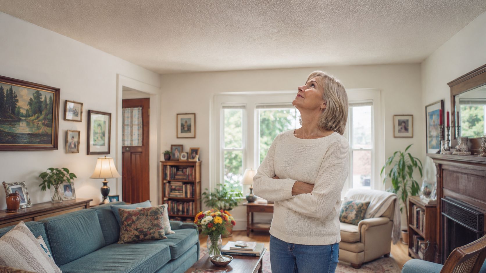 An older woman in a white sweater looking up at a textured popcorn ceiling in her living room.
