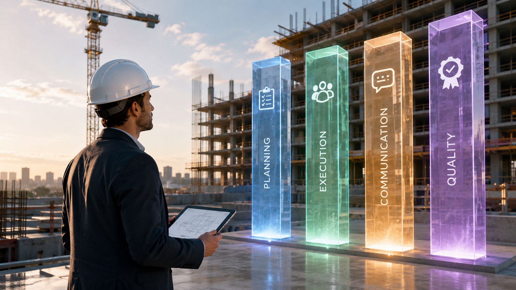 A construction manager in a hard hat looks at holographic project phases on a building site.