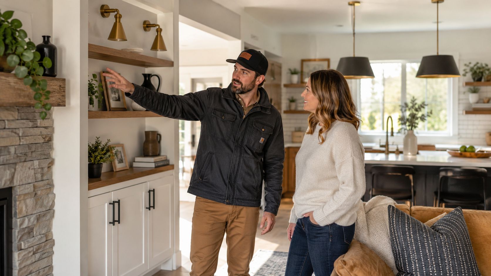 A professional residential general contractor discusses interior design options with a client in a modern home living room.