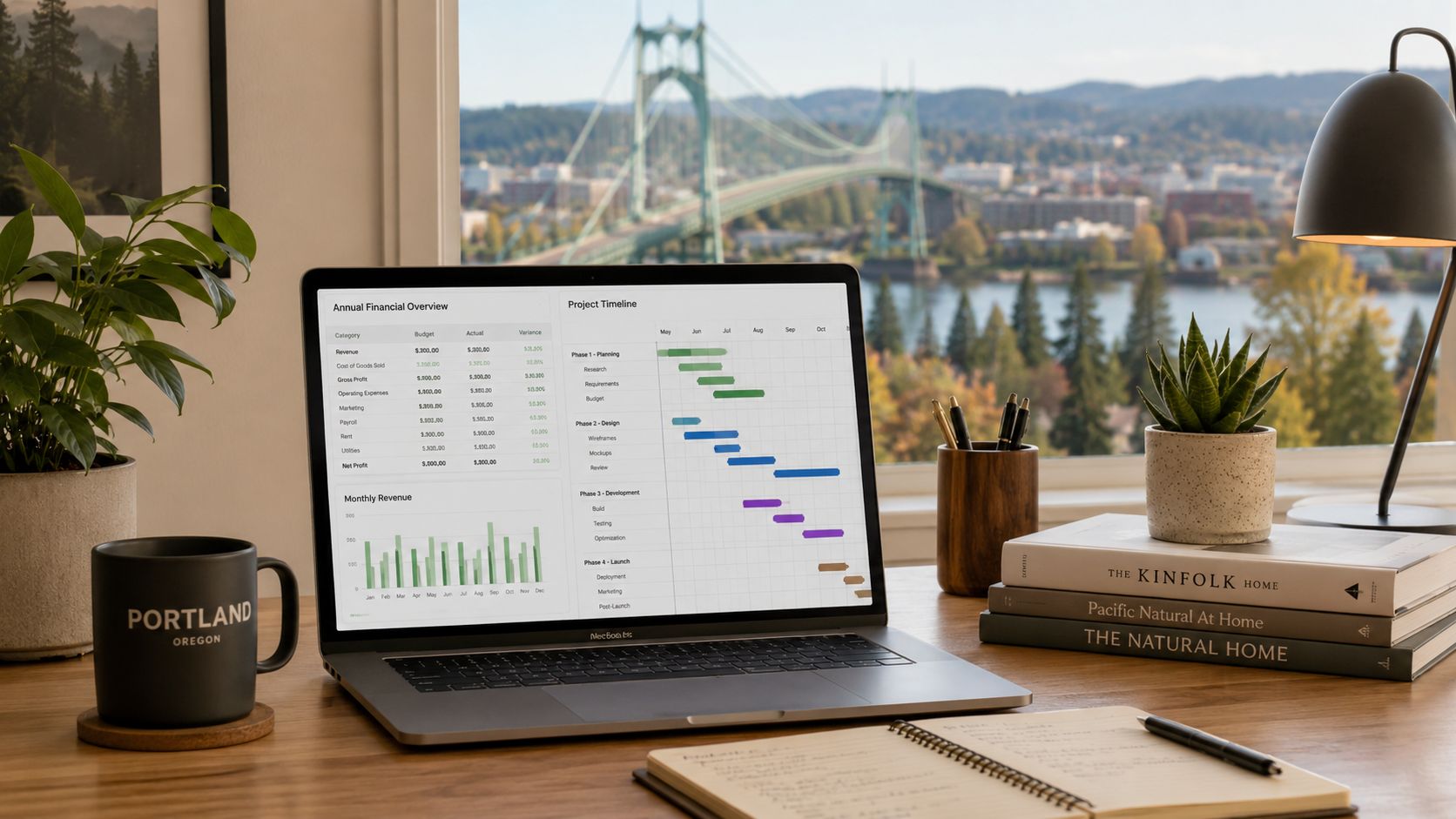 A laptop showing financial reports and project timelines sits on a wooden desk near a bridge view.