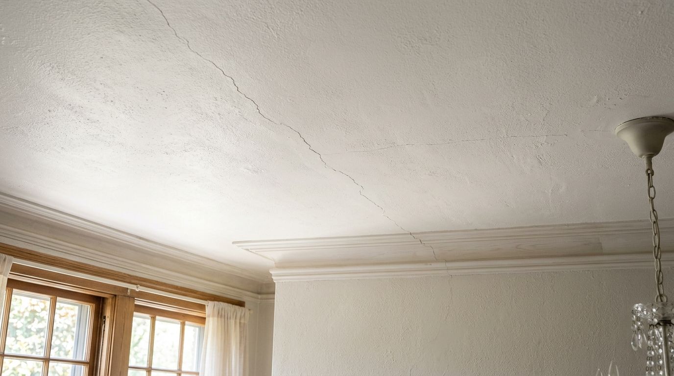 A long hairline crack extending across a white ceiling and down the adjacent interior wall corner.