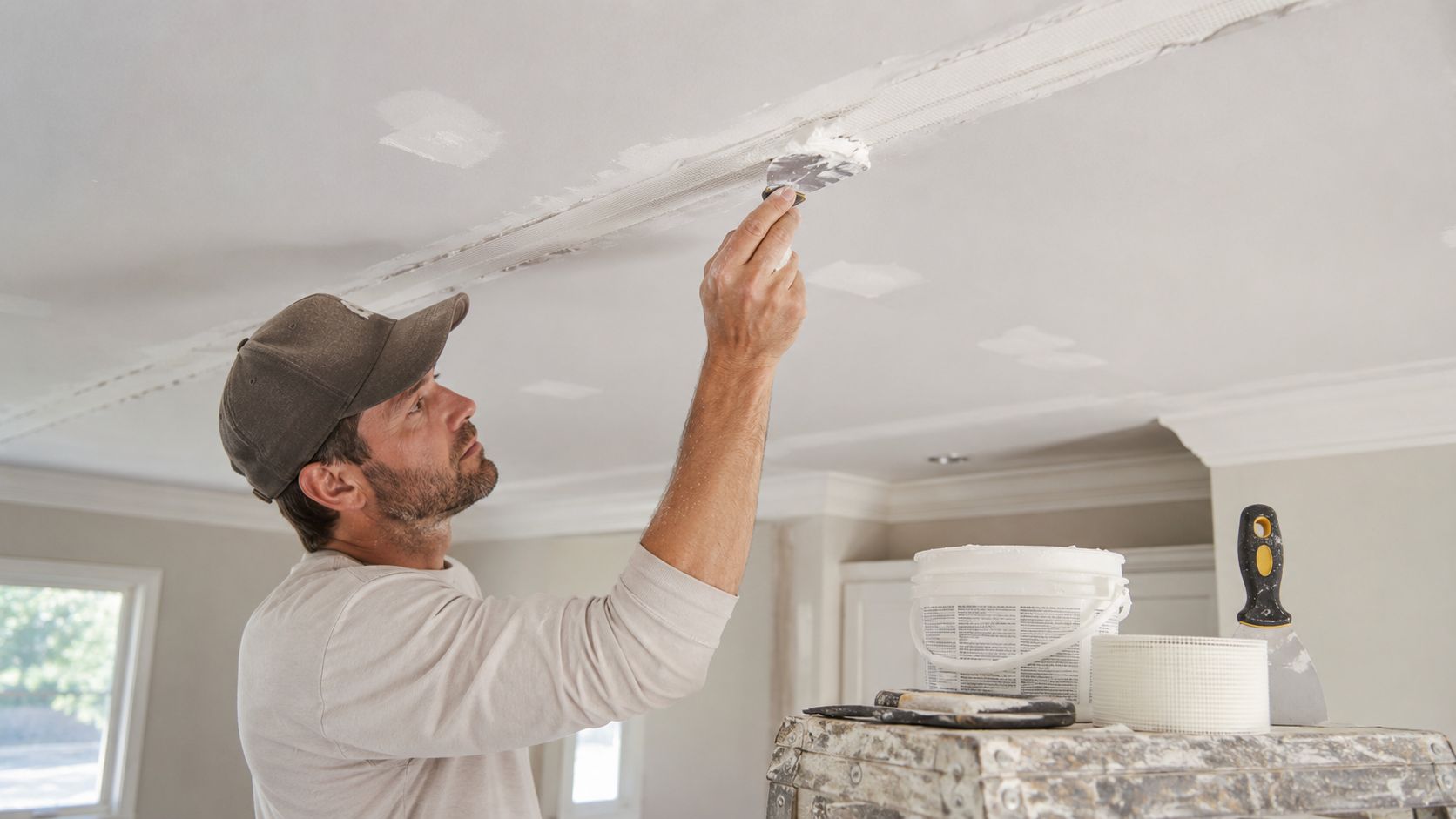 A professional construction worker carefully applying plaster to a ceiling seam using a metal putty knife.
