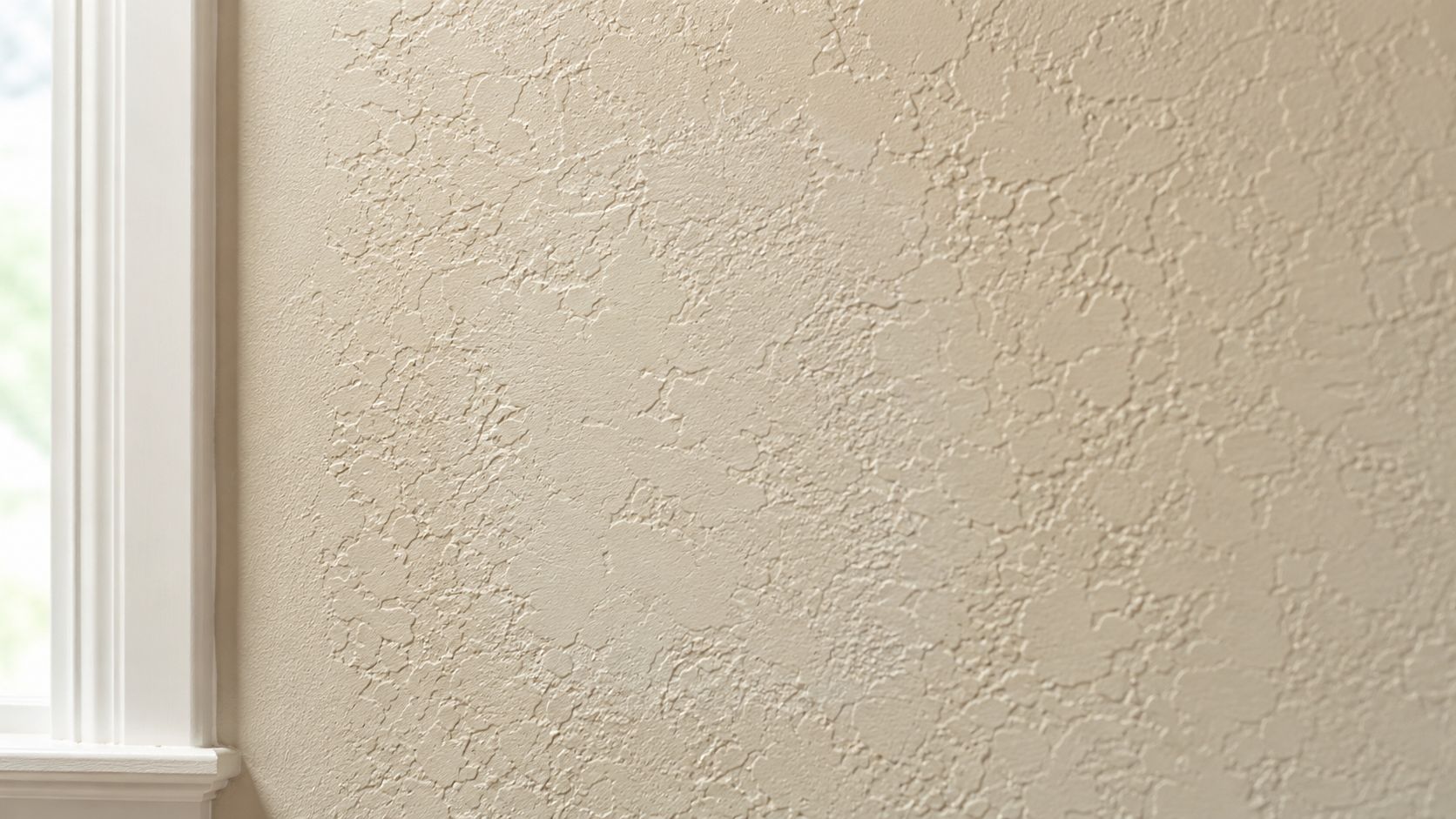 Close up view of a beige colored wall with knockdown texture finish next to white window trim.