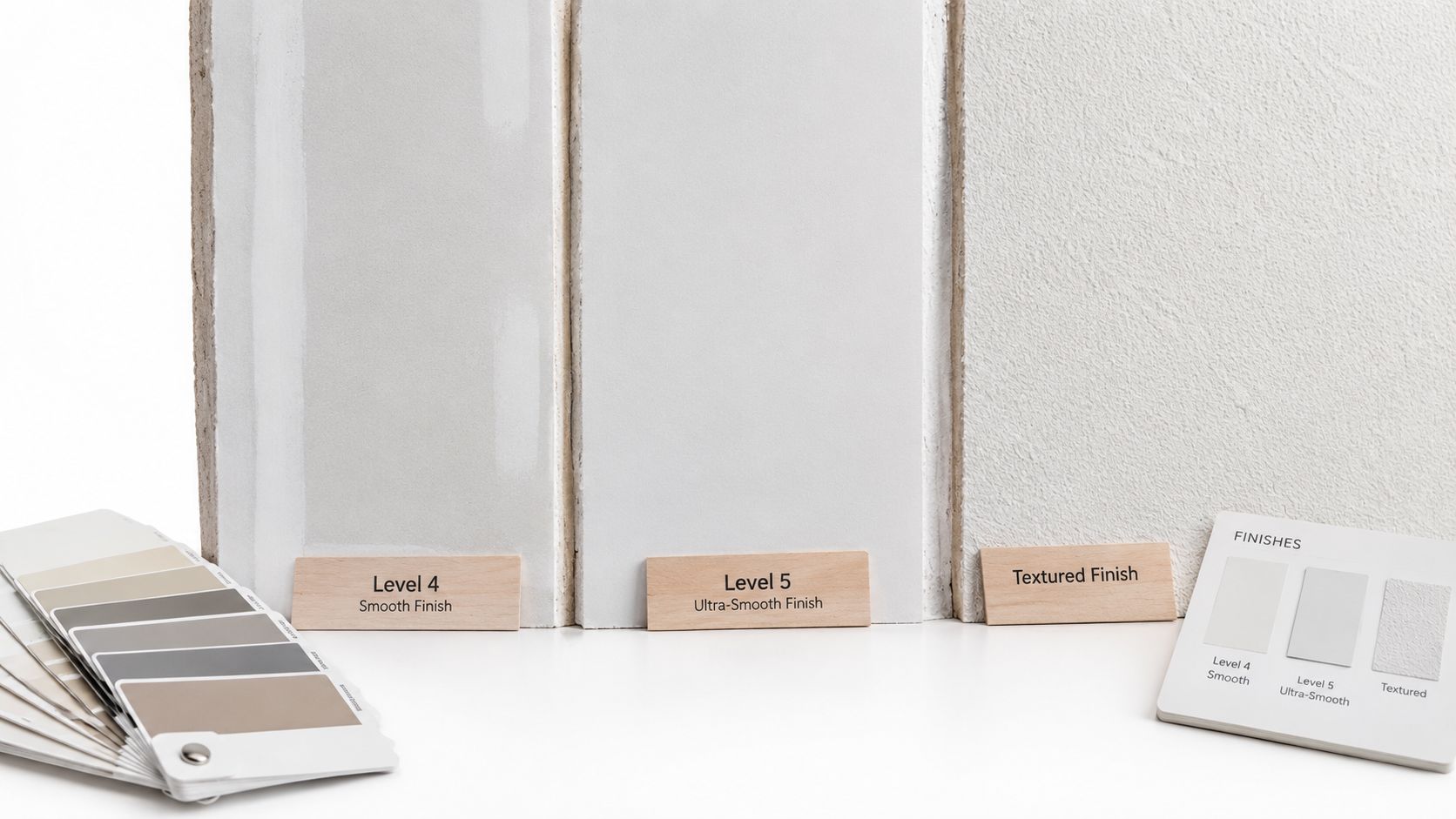 Three drywall finish samples displaying level 4 smooth, level 5 ultra-smooth, and textured wall finish options side-by-side.