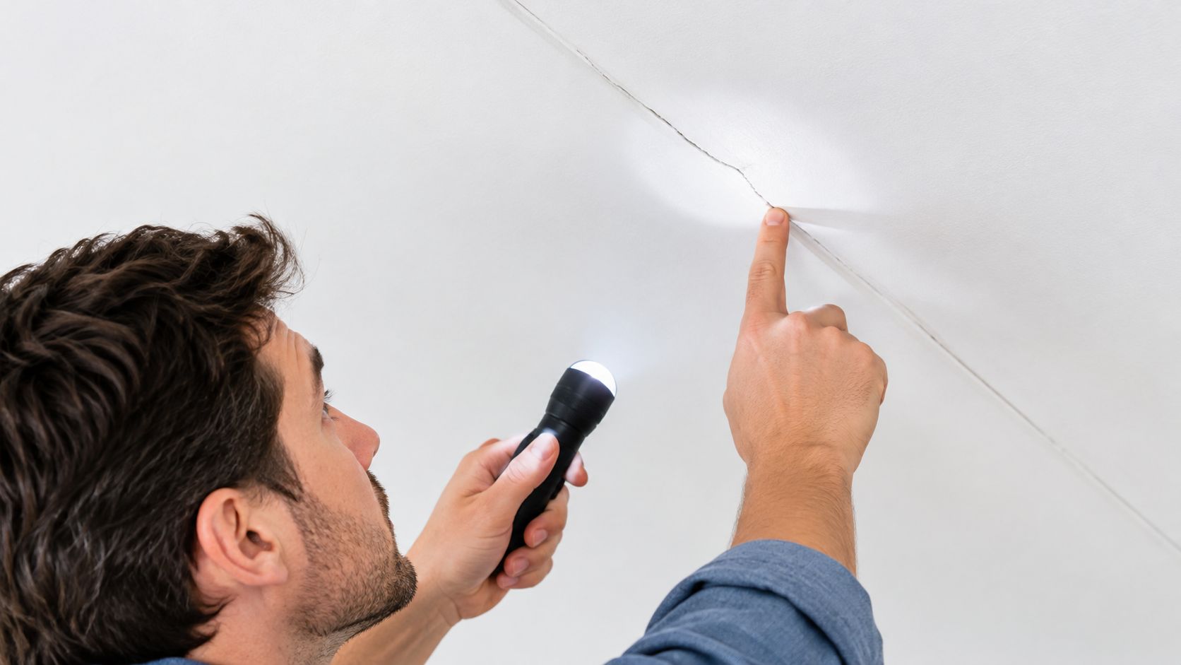 A man using a flashlight to inspect a crack in a white ceiling with his finger.