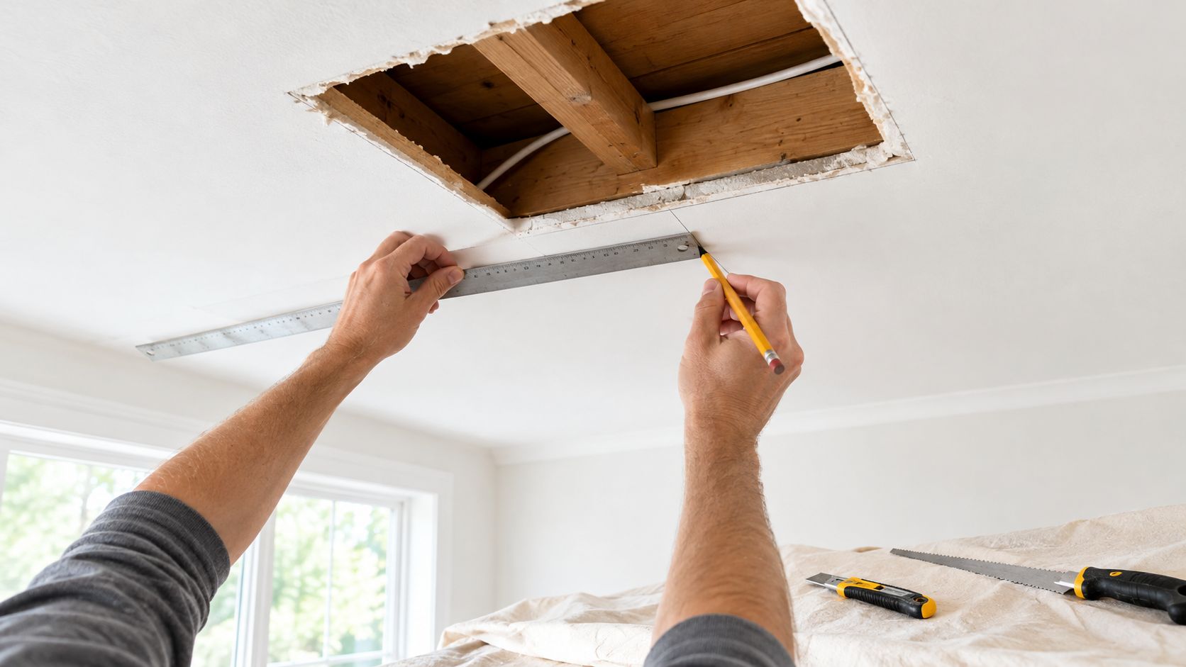 A person uses a metal ruler and pencil to mark a straight line on a plasterboard ceiling.