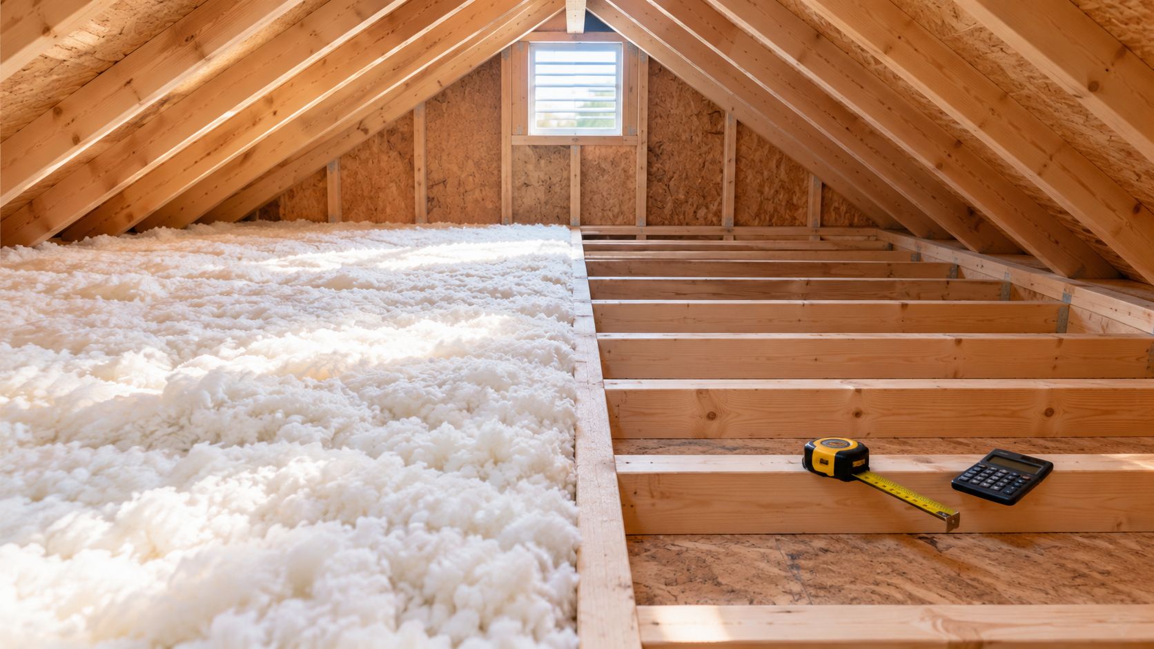 A partially insulated attic floor with exposed wooden joists, a measuring tape, and a calculator present.