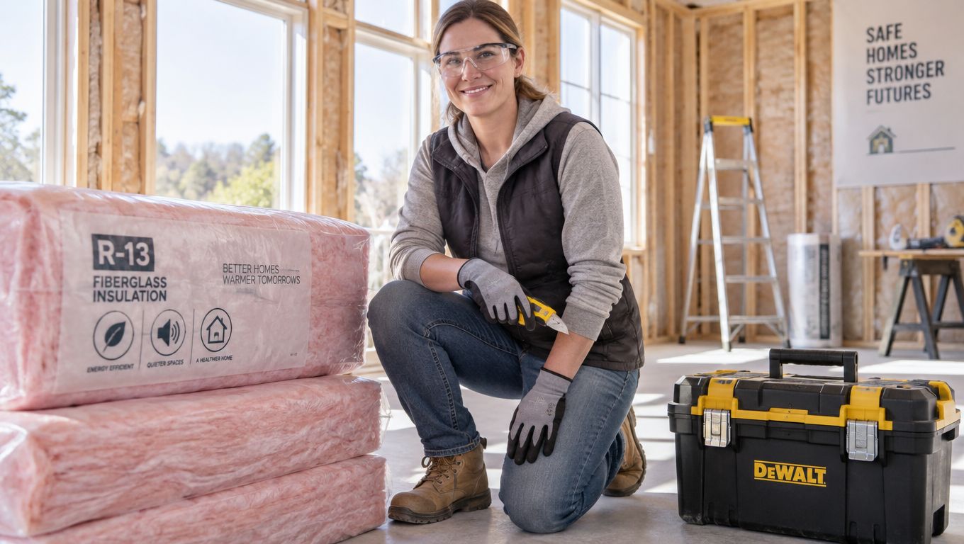 A professional construction worker wearing safety glasses and gloves kneels beside insulation rolls and a DeWalt toolbox.