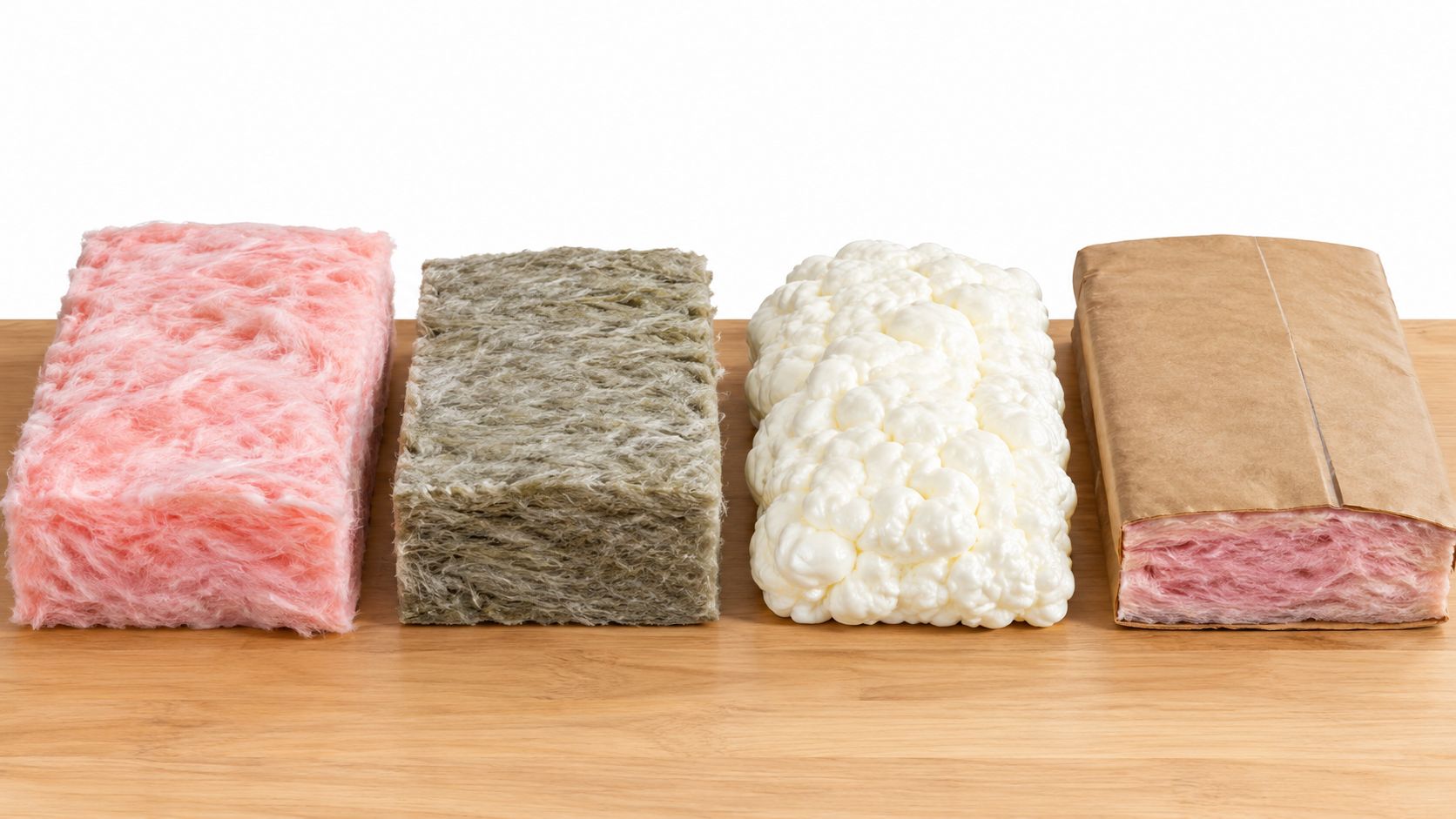 A row of four different types of residential building insulation materials arranged on a wooden table.