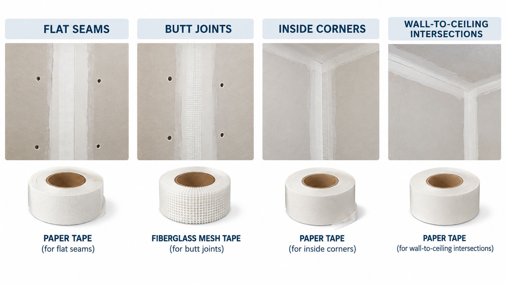 A diagram comparing drywall tape types, showing paper tape for flat seams, corners, and mesh for butt joints.