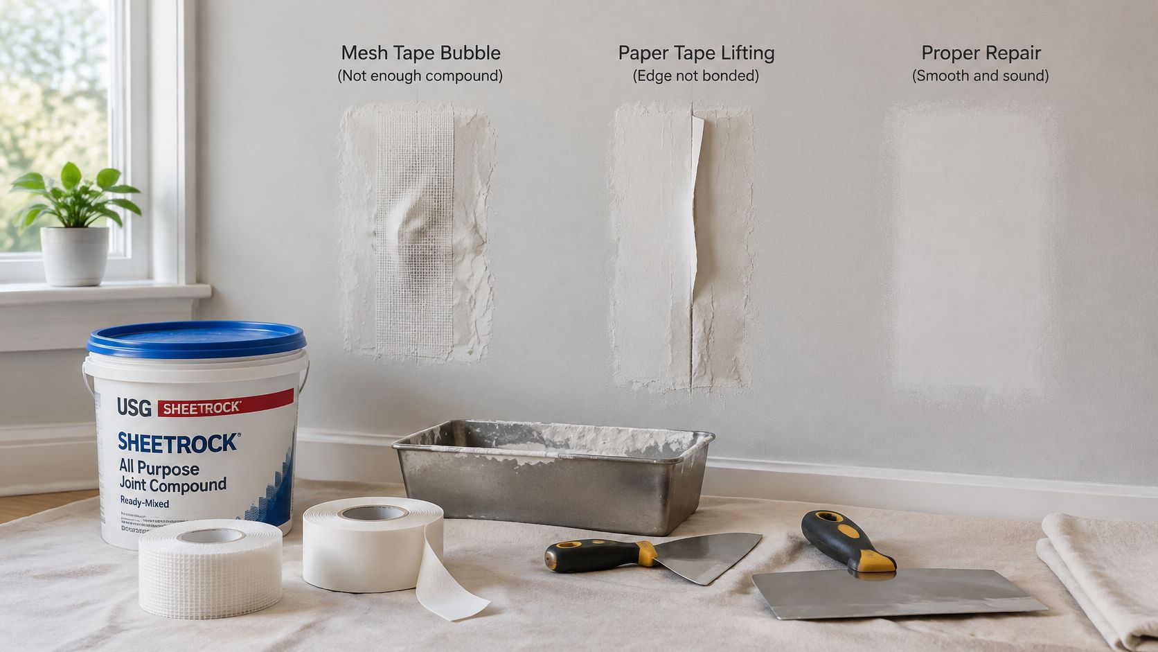 A demonstration of wall repair techniques showing mesh tape bubbles, paper tape lifting, and a proper smooth patch.