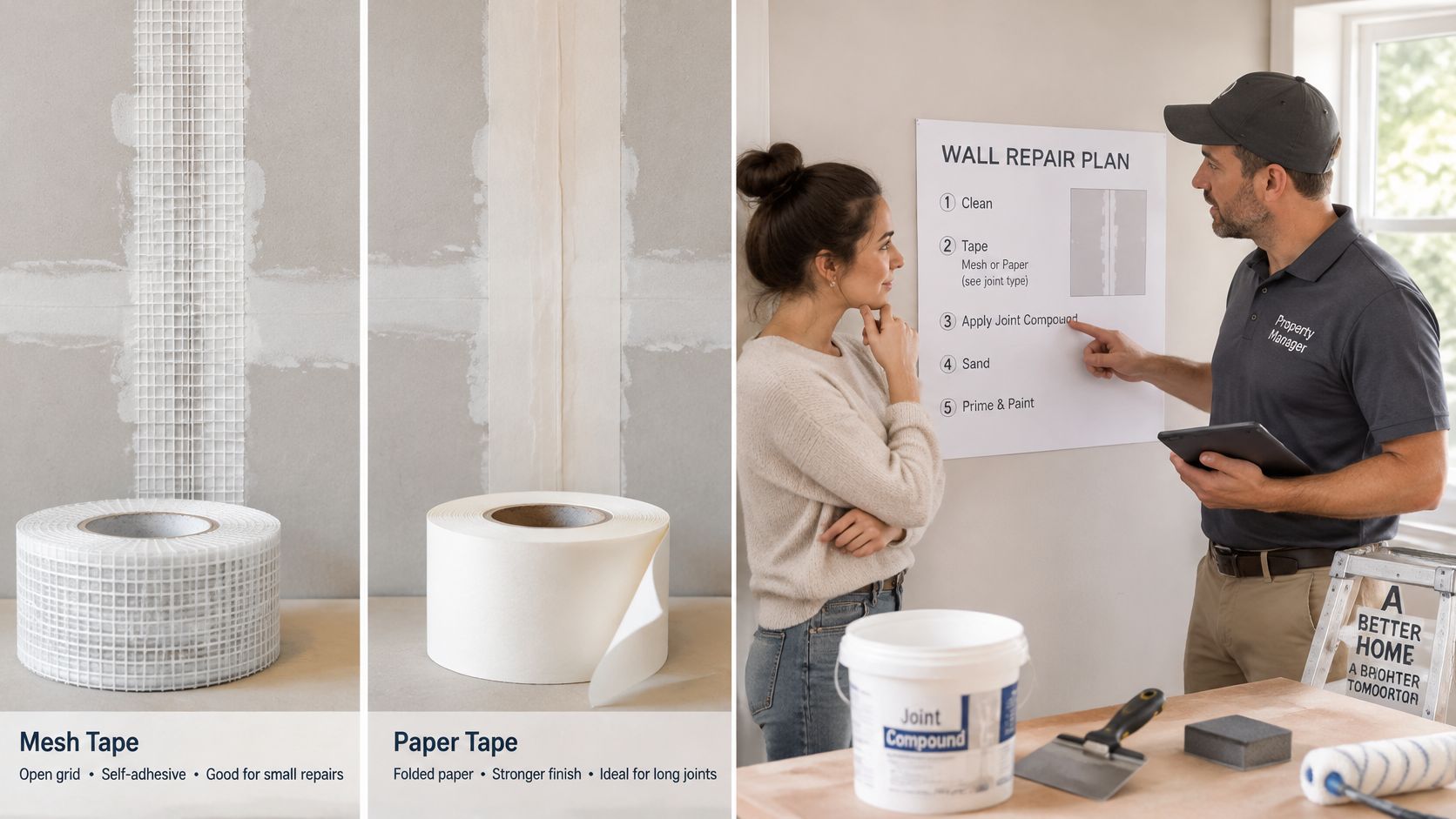 A professional explaining wall repair options between mesh tape and paper tape to a homeowner.