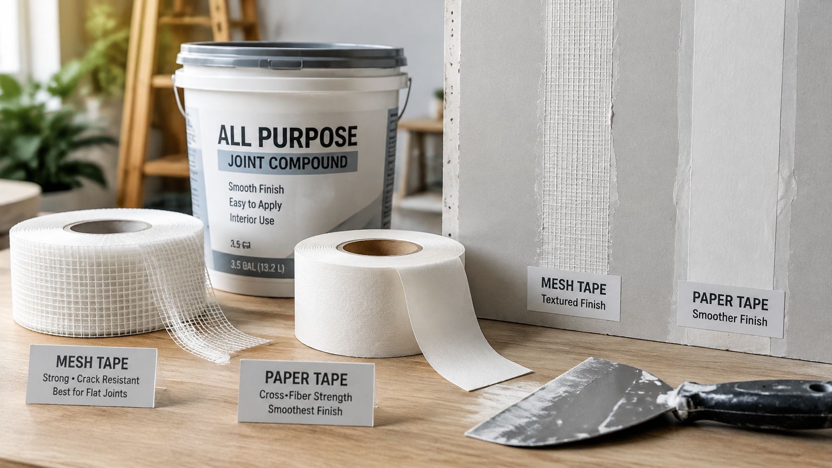 Comparison of mesh tape and paper tape with a bucket of joint compound on a wooden table.