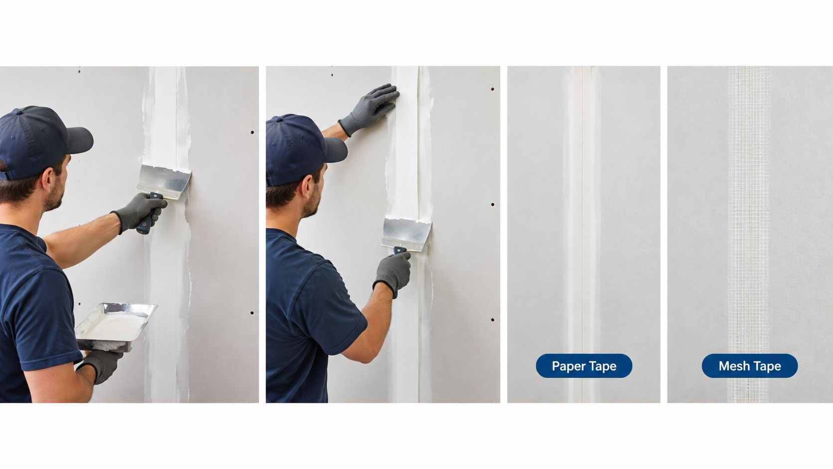 A professional construction worker applying joint compound and tape to drywall seams during home renovation projects.