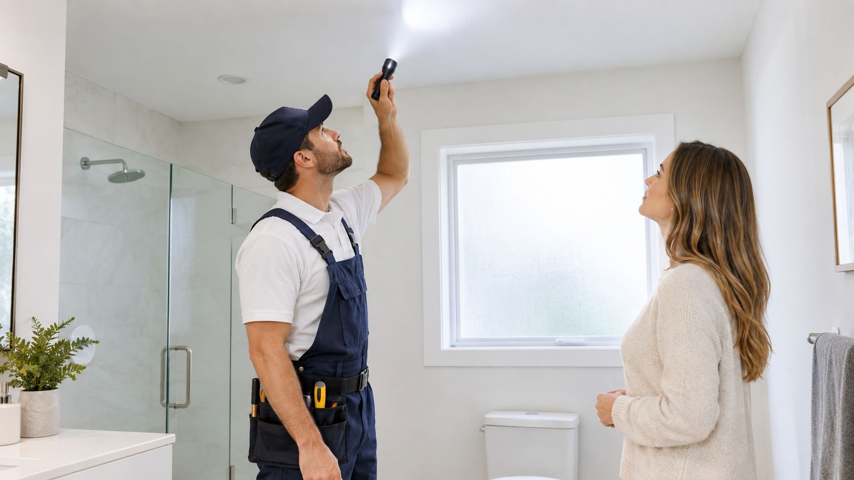 A professional tradesman uses a flashlight to inspect the bathroom ceiling while a woman observes nearby.