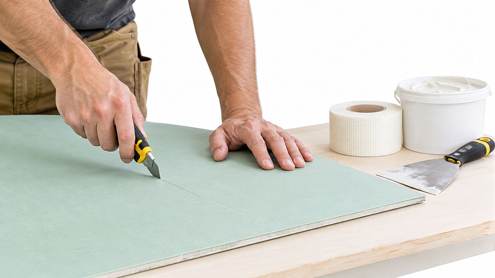 A craftsman cuts a piece of moisture resistant drywall with a utility knife on a wooden table.