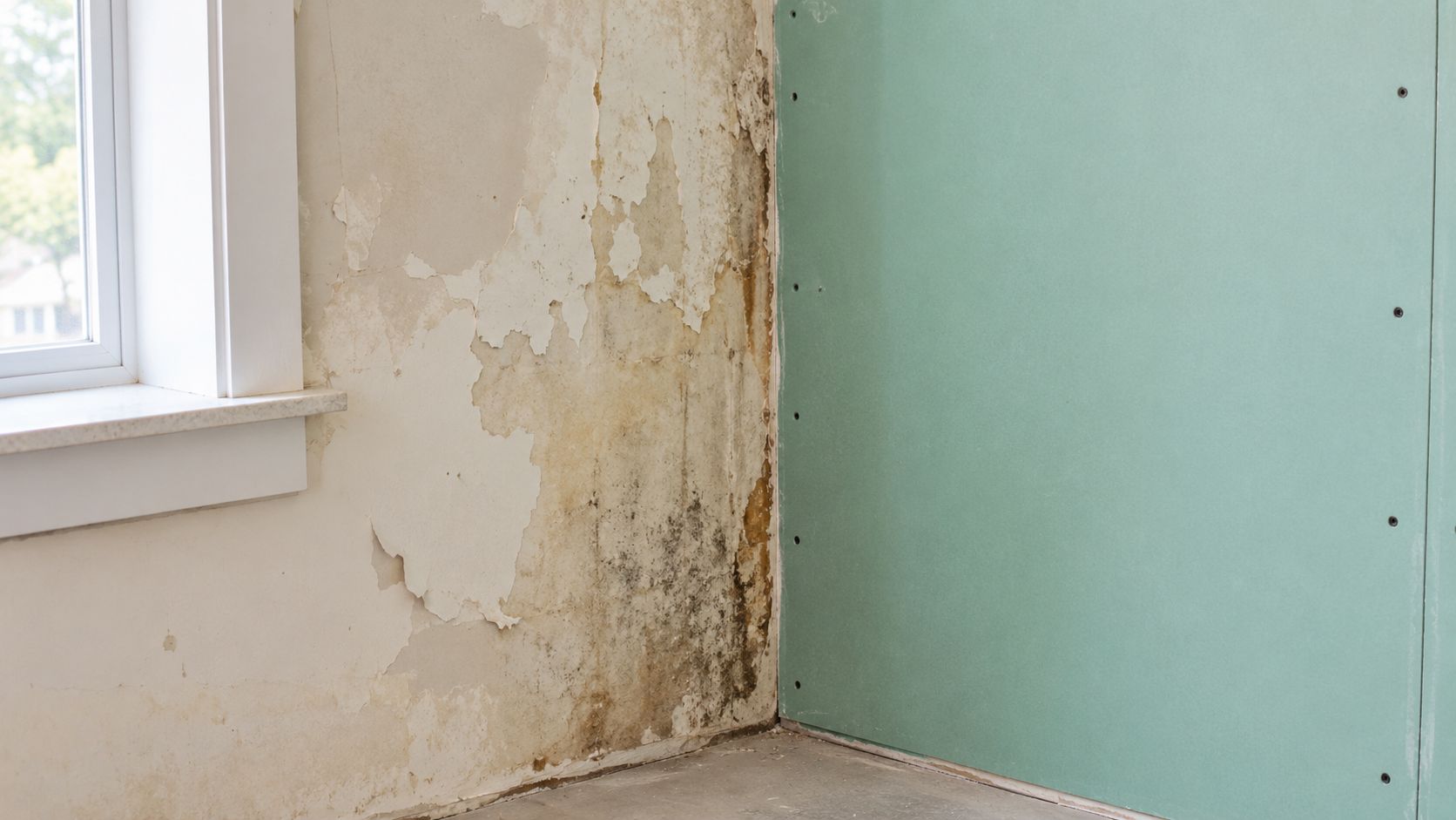 A room corner showing damaged plaster walls with moisture and mold next to new moisture resistant drywall.