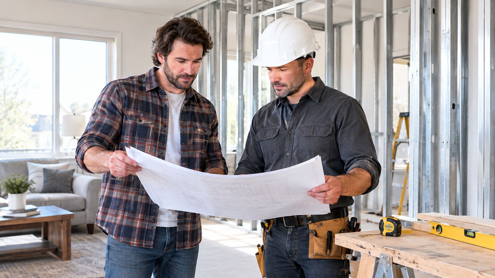 A contractor and a homeowner reviewing architectural blueprints inside a room with metal wall framing.