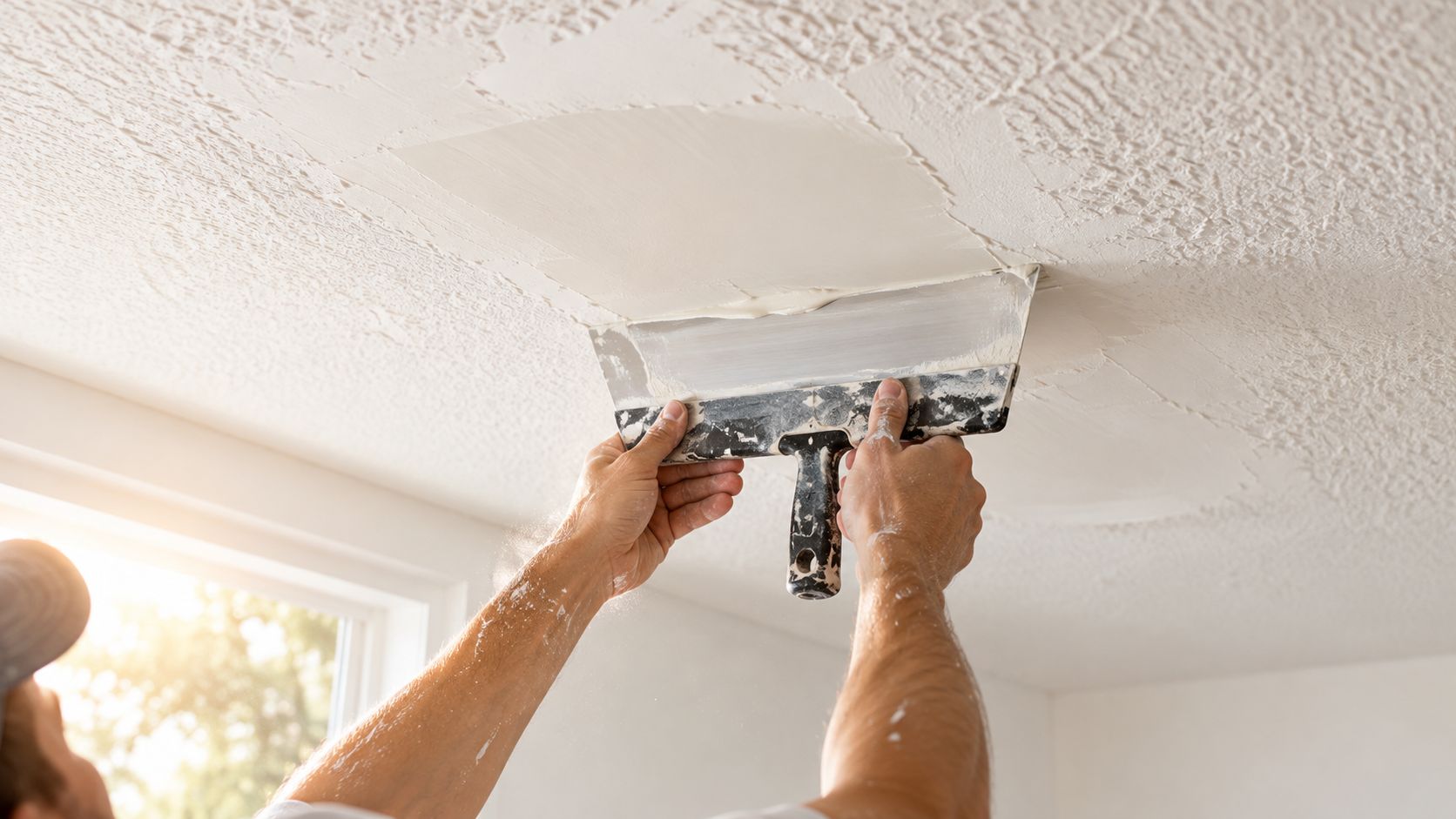 A construction worker uses a wide putty knife to smooth plaster over a textured ceiling surface.