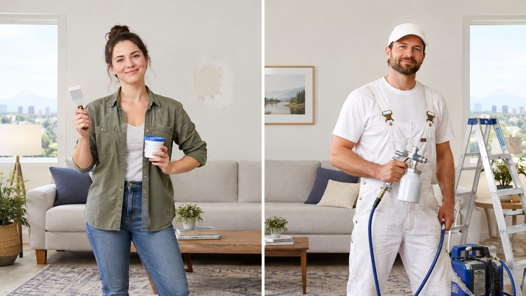A split-screen image showing a woman preparing for wall repairs and a professional painter with equipment.