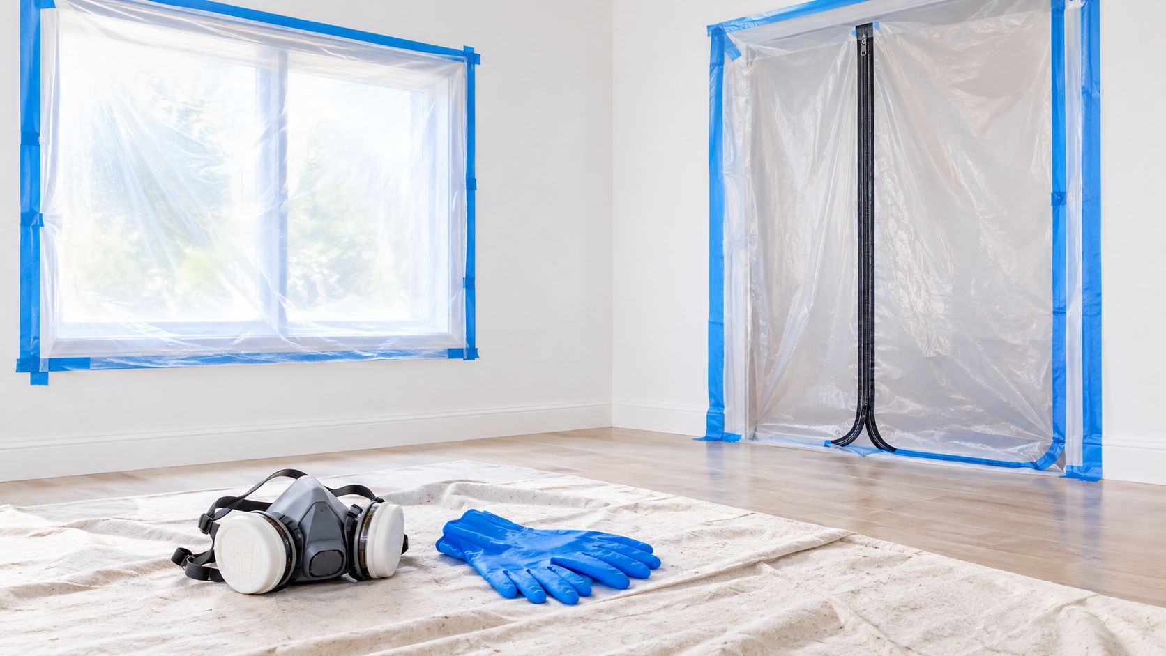 A room prepared for texture ceiling repair with plastic coverings, a respirator mask, and protective blue gloves.