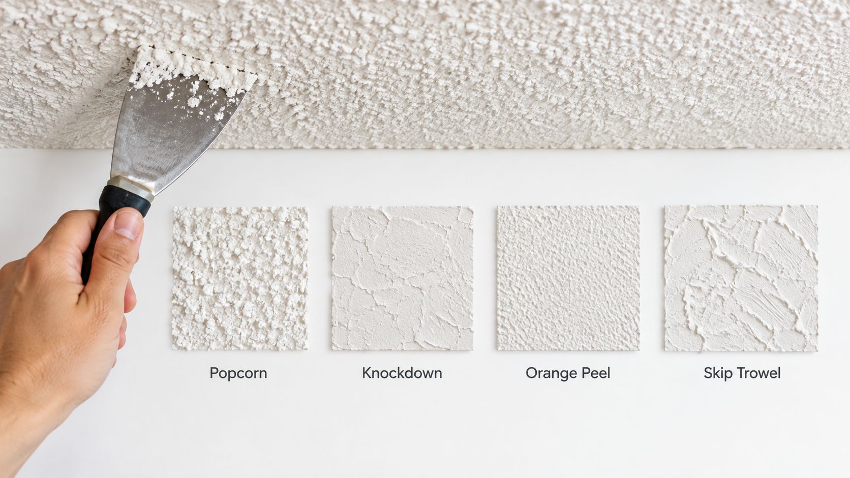 A hand holds a putty knife against a ceiling while four different wall texture samples are shown.