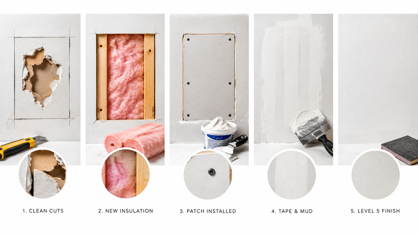 A five-step guide showing the professional process of repairing water damage to drywall in a wall.