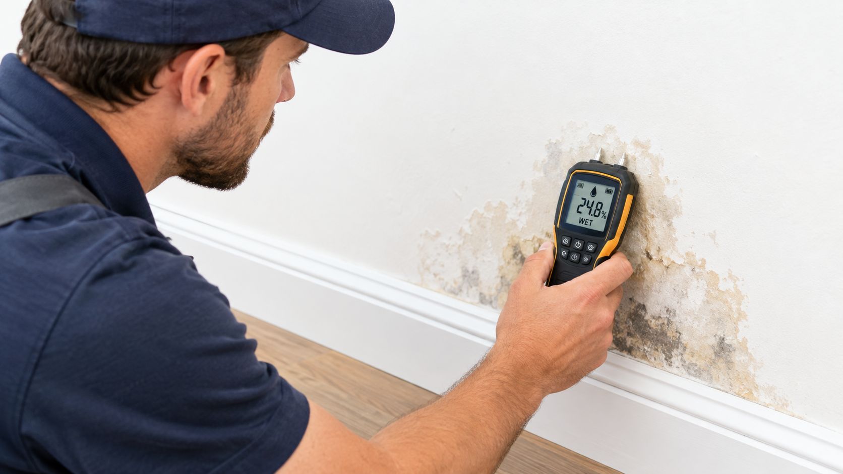 A professional technician uses a moisture meter to detect water damage and mold on a white wall.